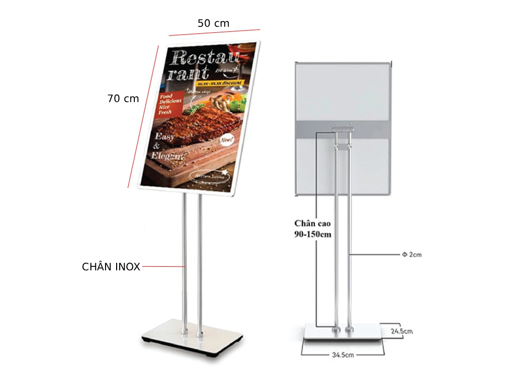 hộp đèn tranh điện tranh rút 50x70cm dạng chân đứng đế INOX